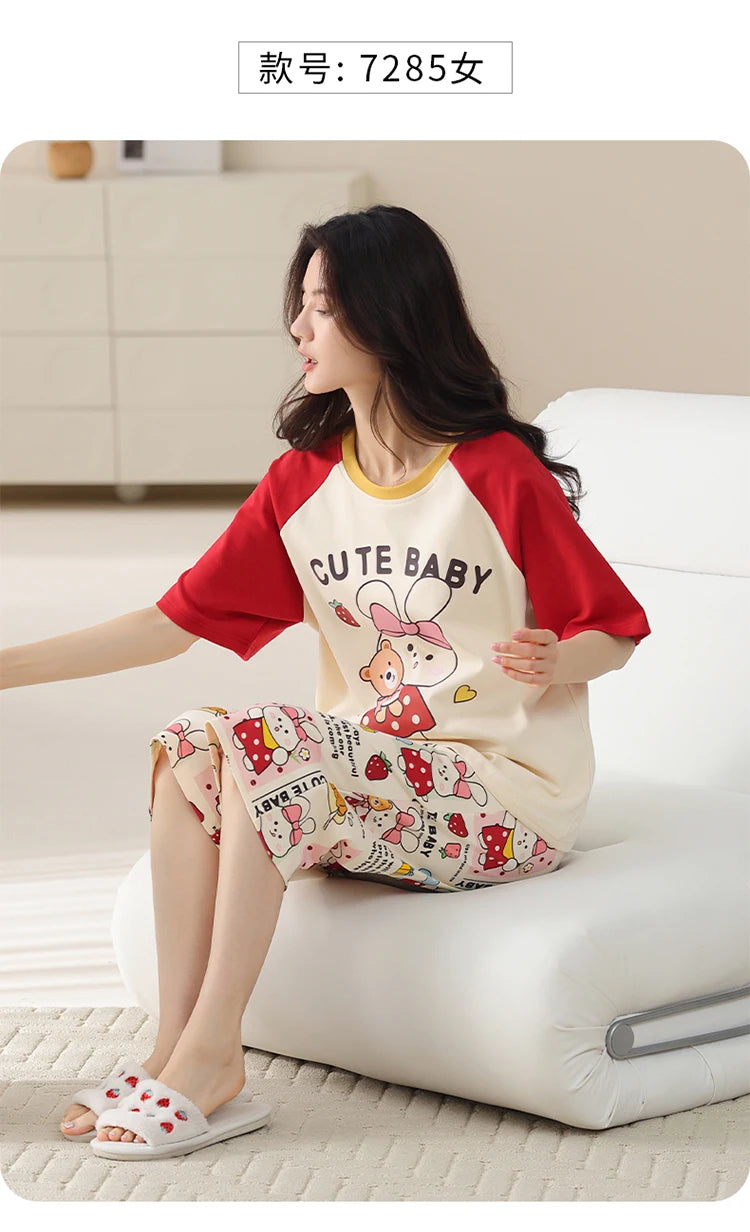 MiiOW 2Pcs Summer Women's Pajamas Set Cotton Short Sleeve Woman Homewear Cute Pink Patchwork Print Girls Pajamas Woman Sleepwear
