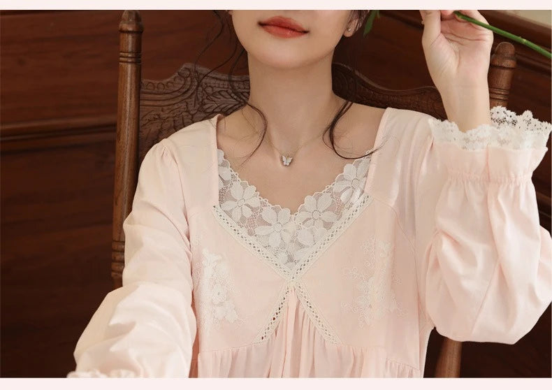 Vintage Victorian Nightgown Women Lace Embroidered Palace Style Princess Sleep Dress Cotton Soft Romantic French Loungewear