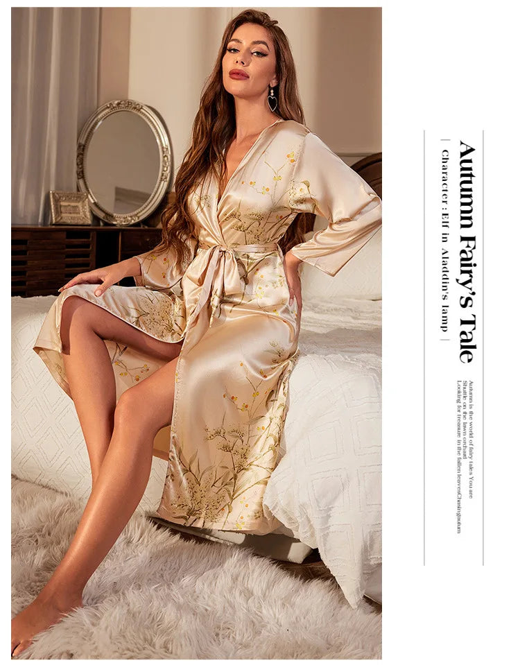 2025New Silk Kimono Robe for Women Floral Print Long Sleeve Lightweight Sexy Sleepwear Lace Up Bathrobe