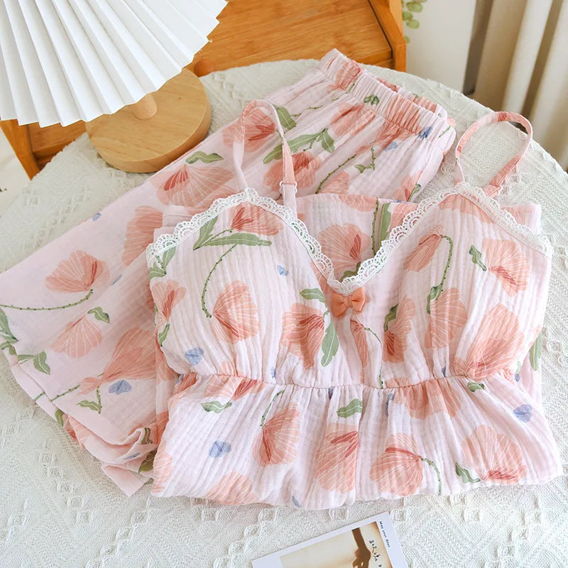 2026 New Summer Women's Pajama Set 100% Cotton Suspenders+Shorts with Chest Pads Two Piece Set of Ladies Flower Home Furnishings