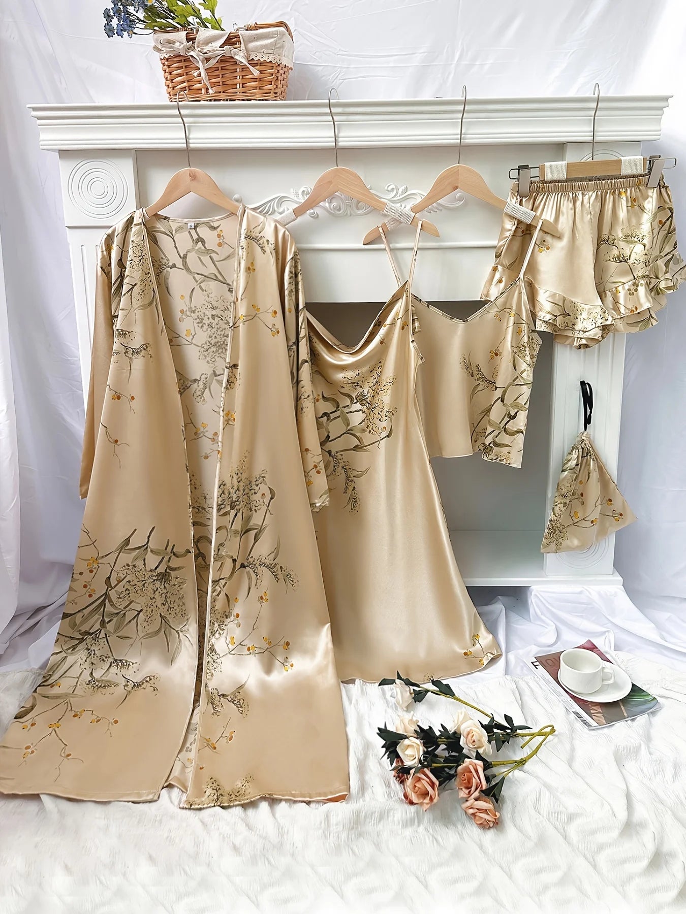5pcs Floral Print Long Sleeve Robe Cami Dress Cami Top Ruffle Hem Shorts Simple Pajamas Sets for Women
