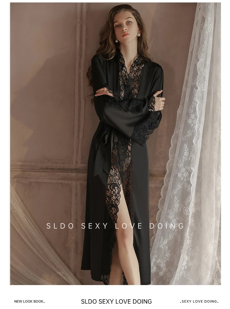 Wedding Bridal Bathrobe Big Lace Flower Nightie Wear Women Satin Kimono Long Loose Peignior Spring Autumn New Intimate Lingerie