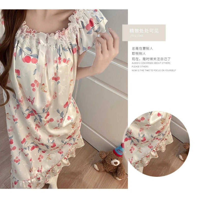 Ice Silk Satin Pajamas Women's Korean Summer Nightgown with Chest Pads Sweet Lace Ruffle Sleeved Long Dress Floral Loungewear