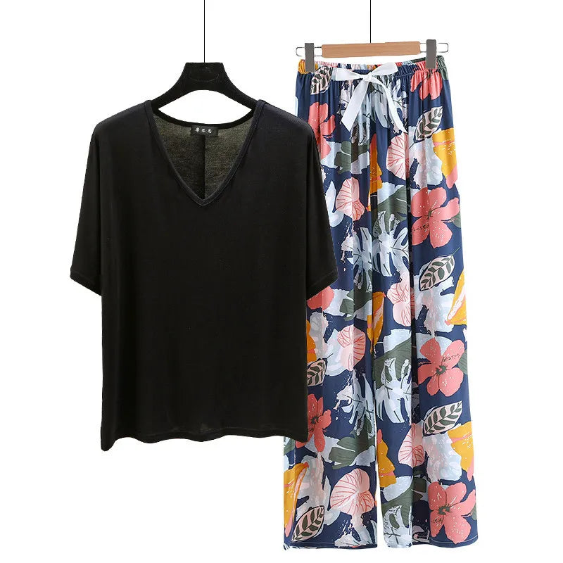 V Neck Tshirt with Poplin Floral wide leg pants summer cool pajamas sets Loose casual homewear suit Rayon Loungewear all match