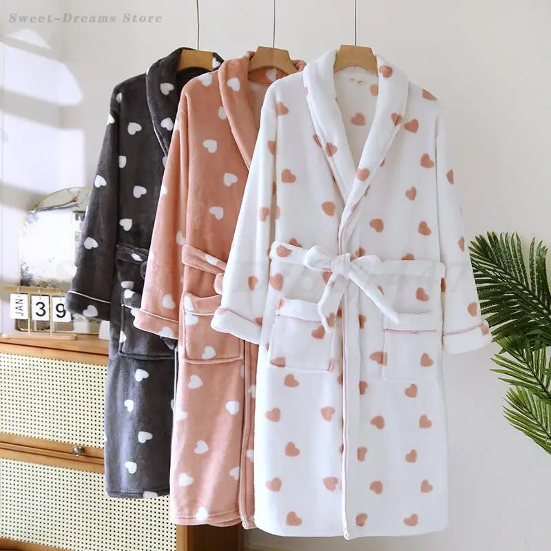Autumn Winter Female Robe Thicken Flannel Bathrobe Kimono Sleepwear with Pocket Cute Print Sweet Heart Home Dress Lounge Wear