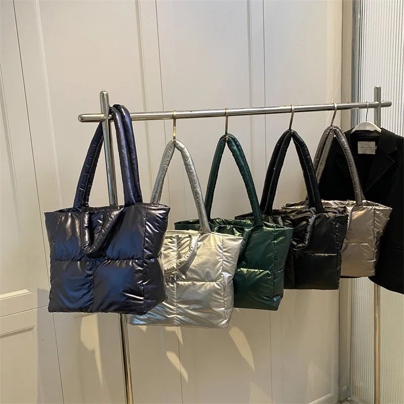 Designer Puffy Shoulder Bag Women Quilted Space Down Feather Padded Cotton Handbag Winter Large Capacity Warm Shopping Purse