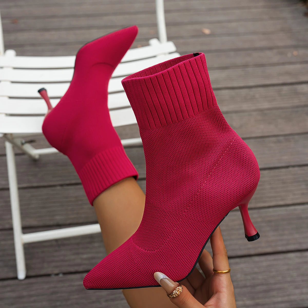 Spring Autumn Women Ankle Boots Slip-On Green Chelsea Boots Women Luxury Stretch Fabric Women Socks Shoes Pointed Toe High Heels