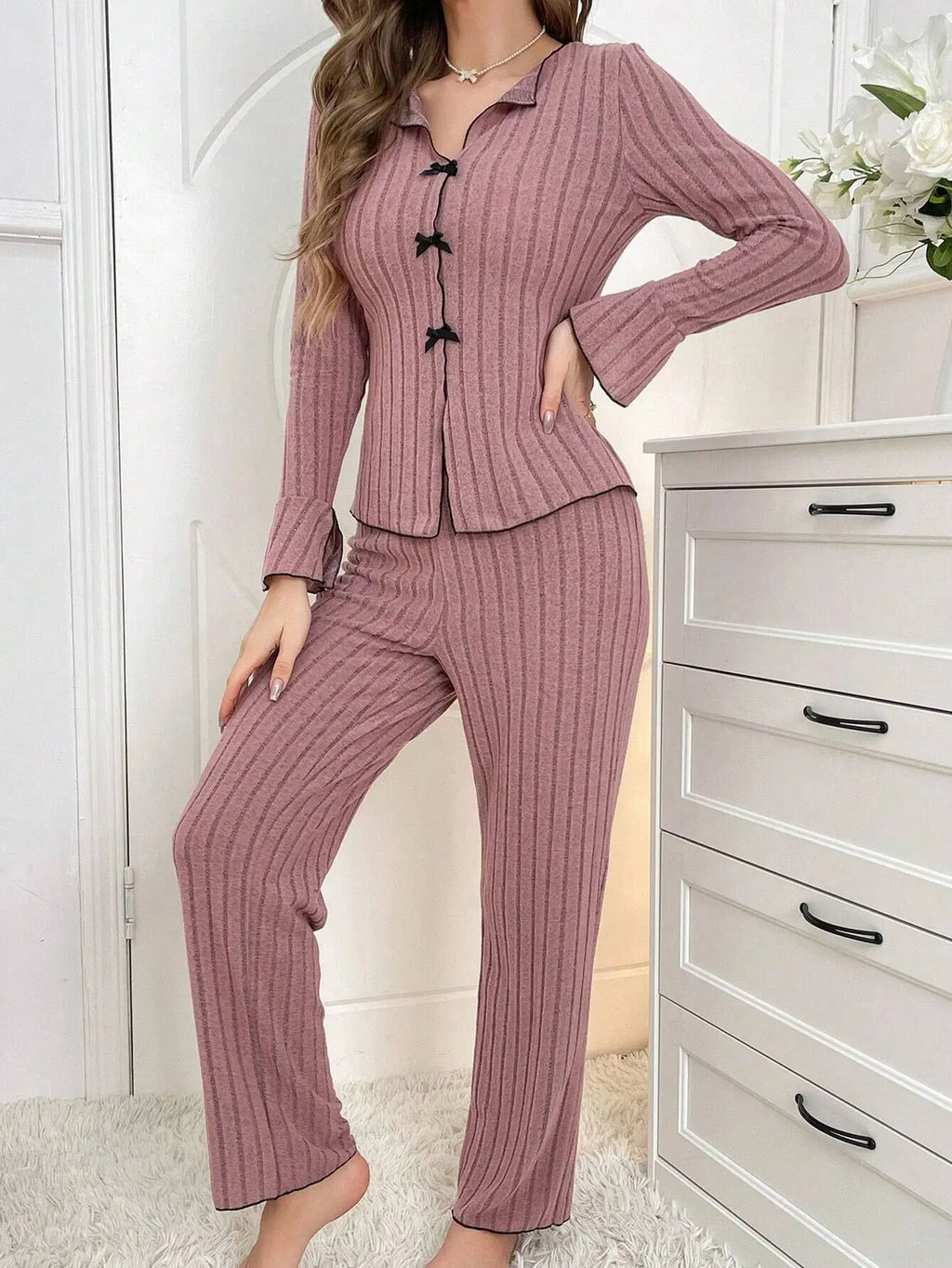 New 2025 Women Spring Casual Pajamas Set Comfortable Sleepwear Sexy Long Sleeve Lapel Solid Rib Homewear Female Loose Loungewear