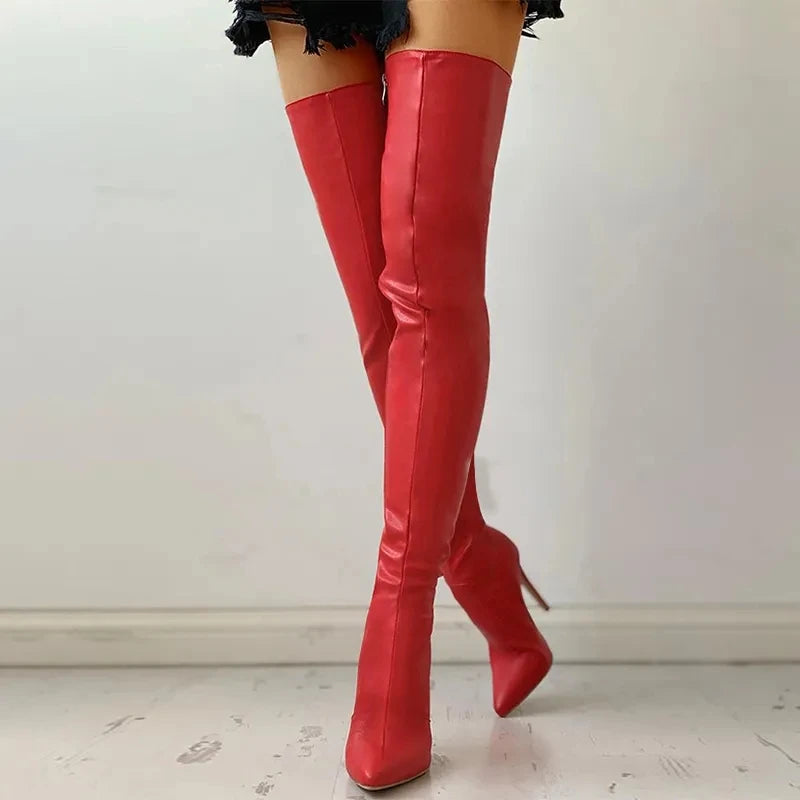 Women Boots Red Black Pointy Toe Thigh High Long Boots Autumn Winter Zip Over-the-Knee Boots Party Shoes Plus Size 46 Stiletto