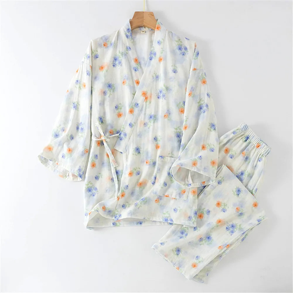 Autumn Sleepwear Women's Cotton Kimono Pants Print Floral Pajamas for Women 2 Pieces Outfit Loungewear