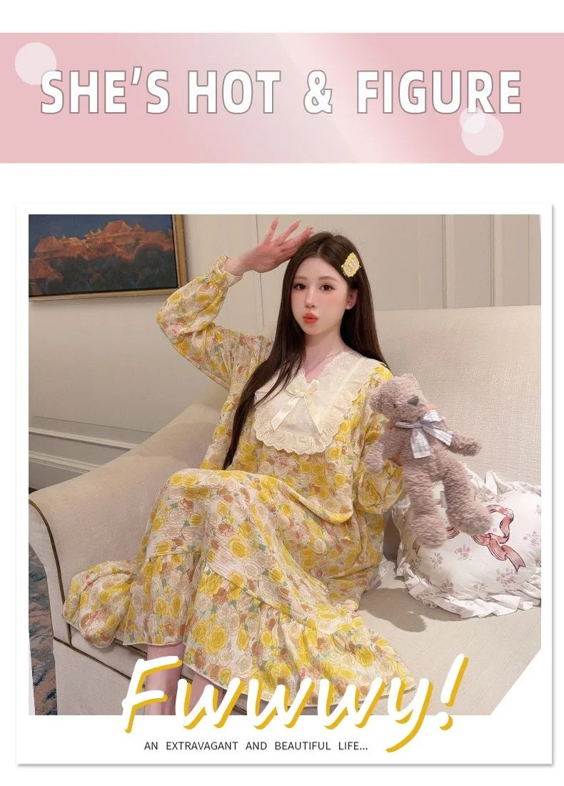 2026 Comfy Long Sleeve Home Dress, Women's Floral Print Loungewear for Spring Autumn, Oversize Sweet Korean Style
