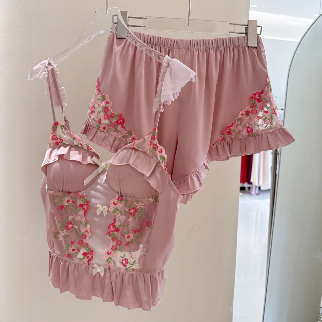 French Style Pink Lace Trim Home Clothes Ice Silk Sleepwear Hollow Out Lace Floral Nightwear Princess Sweet Pijama Mujer