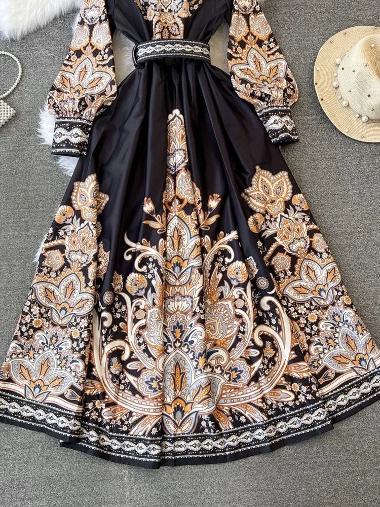 Elegant Vintage Court Style Long Sleeve Collared Slim Fit Print Shirt Dress Knitted Fabric Midi Skirt Length Button Detail