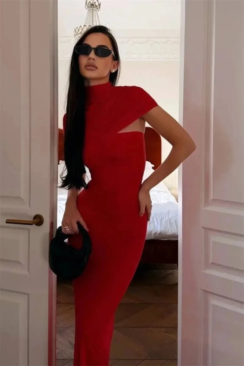 Mozision Turtleneck Short Sleeve Sexy Maxi Dress Women Elegant Draped Ruched Evening Club Party Long Dresses Female Clothes