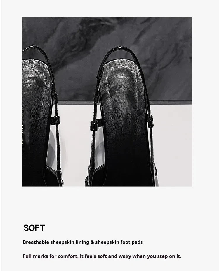 New Summer Women's High-heeled Sandals Gold Iron Head Patent Leather Black Stiletto Square Head Closed Toe Sling Back Shoes