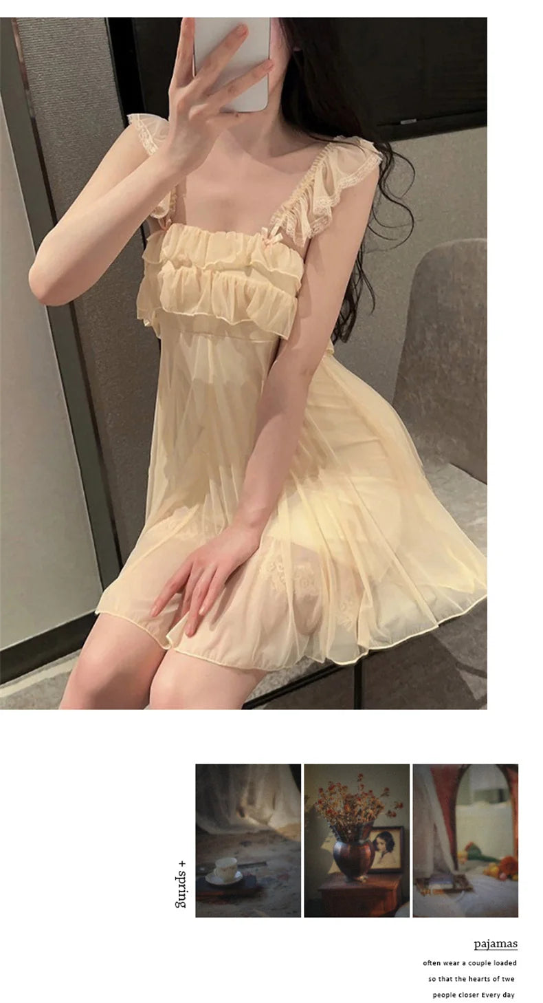 Spring Nightdress Women  Lace Sweet Nightgown Home Dress Pajamas Summer Girl Princess Style Soft Sleepwear Nightwear Outwear