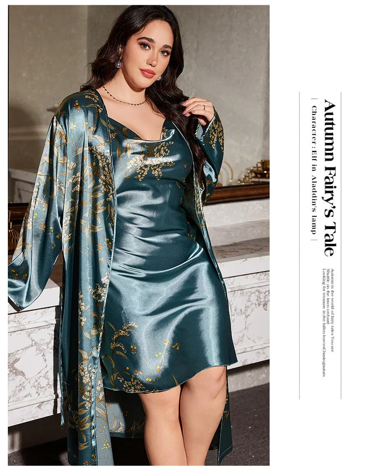 Large Size Female Long Robe Pajamas Four-Piece Set Sleepwear Sexy Lingerie Print Floral Bathrobe Pijamas Suit Loose Homewear 5XL