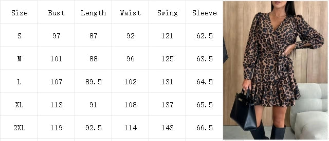 Women's Leopard Printed Dresses V-Neck Lace Up Bubble Long Sleeved Sexy Dress Elegant Dating Autumn Mini Dress