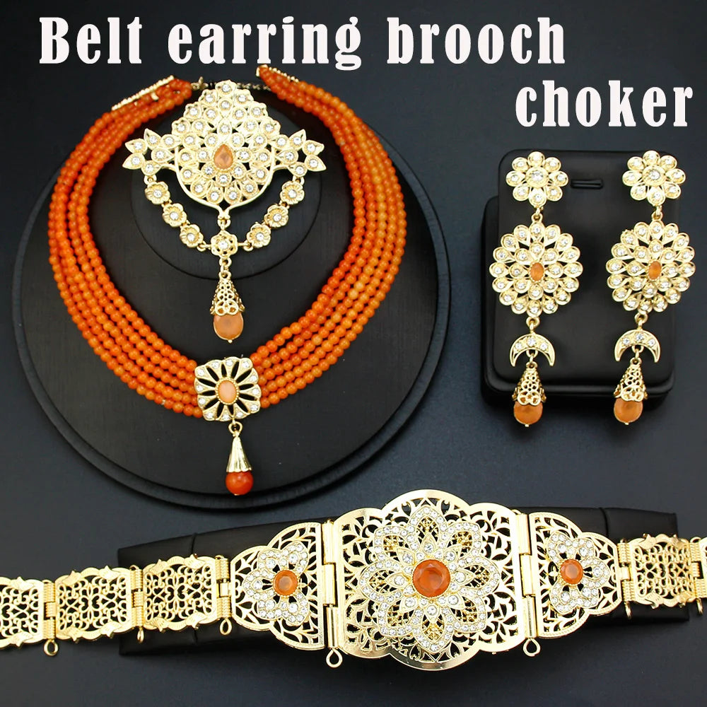 Sunspicems Moroccan Jewelry Sets For Women Gold Color Caftan Waist Chain Belt Orange Bead Choker Necklace Drop Earring Brooch