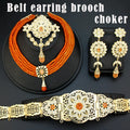Sunspicems Moroccan Jewelry Sets For Women Gold Color Caftan Waist Chain Belt Orange Bead Choker Necklace Drop Earring Brooch