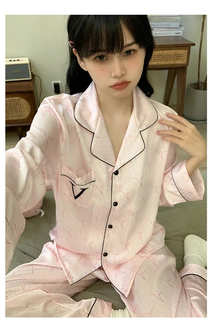 Elegant Silk Satin Women Pajamas Set Lounge Wear Sexy Lingerie Long Sleeve Trouser Pijamas Suit Loose Casual Sleepwear Homewear