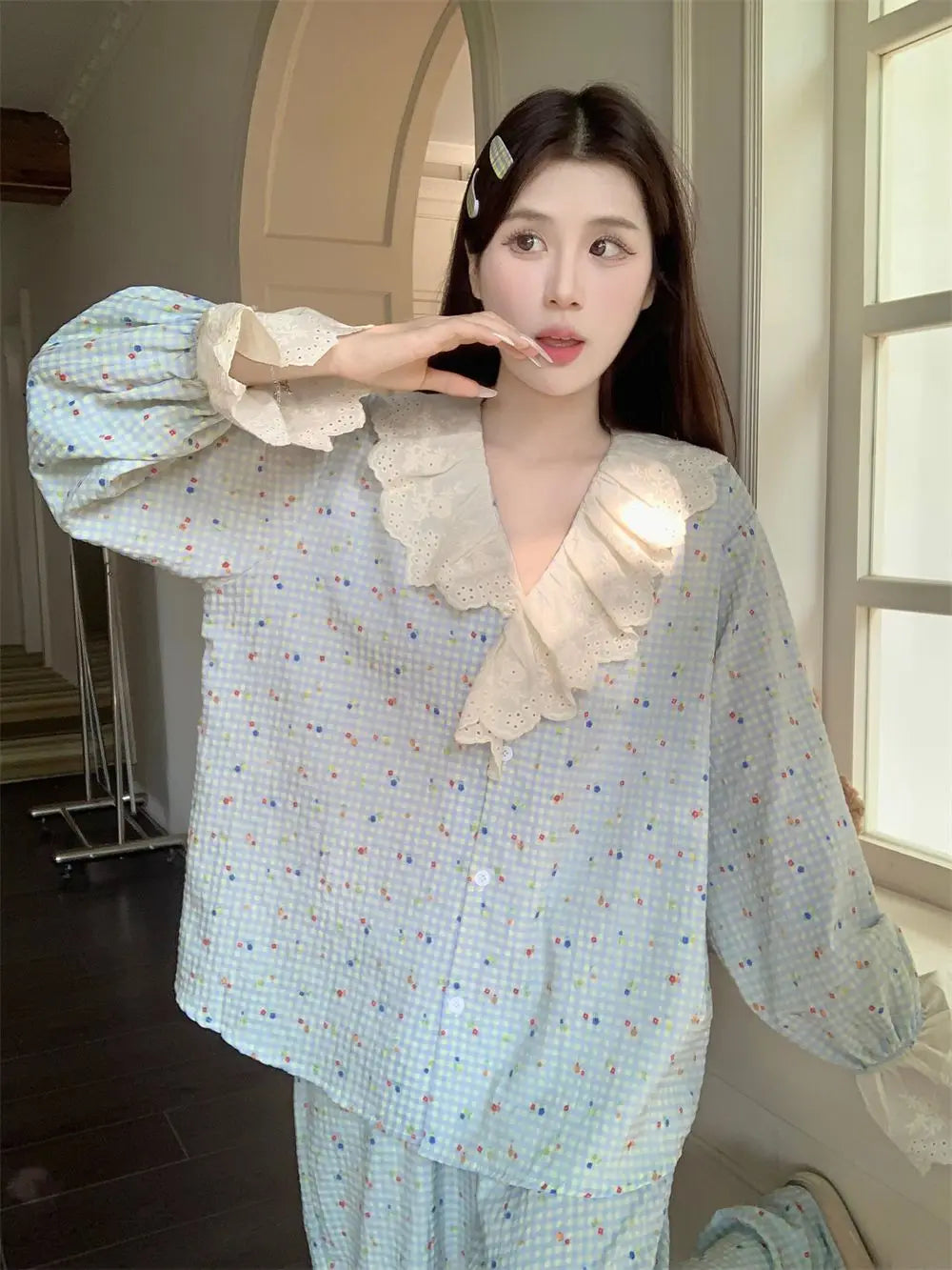 Korean Style Sweet Style Floral Pajamas for Women New Long Sleeve Long Pants Lace Trim Homewear Set Autumn Winter Loungewear Hot