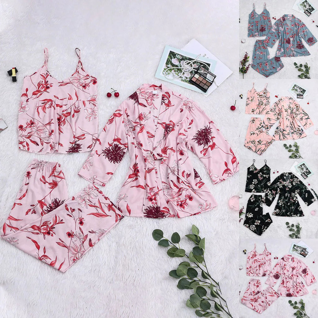 Luxury 3-Piece Pajama Set - Floral Print Camisole + Palazzo Pants + Kimono Robe | Women's Sexy Lounge Wear