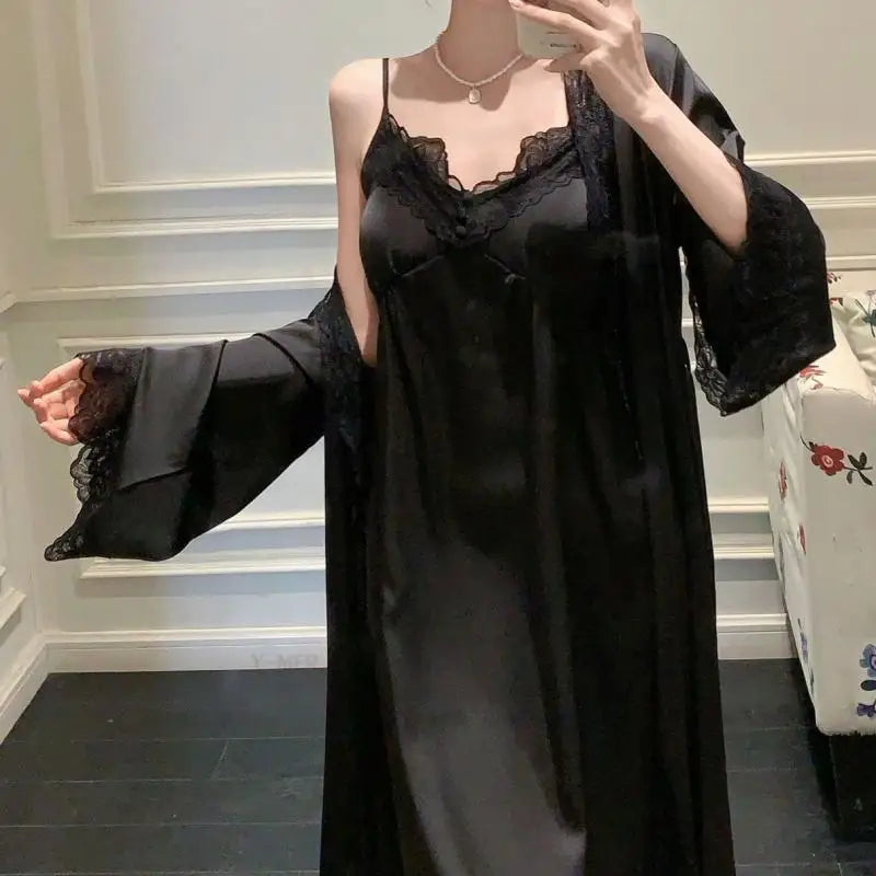 2025New Long Sweet Blue Robe Set Women Elegant Bathrobe Rayon Kimono Sexy Lace Floral Home Dressing Gown Princess Loungewear