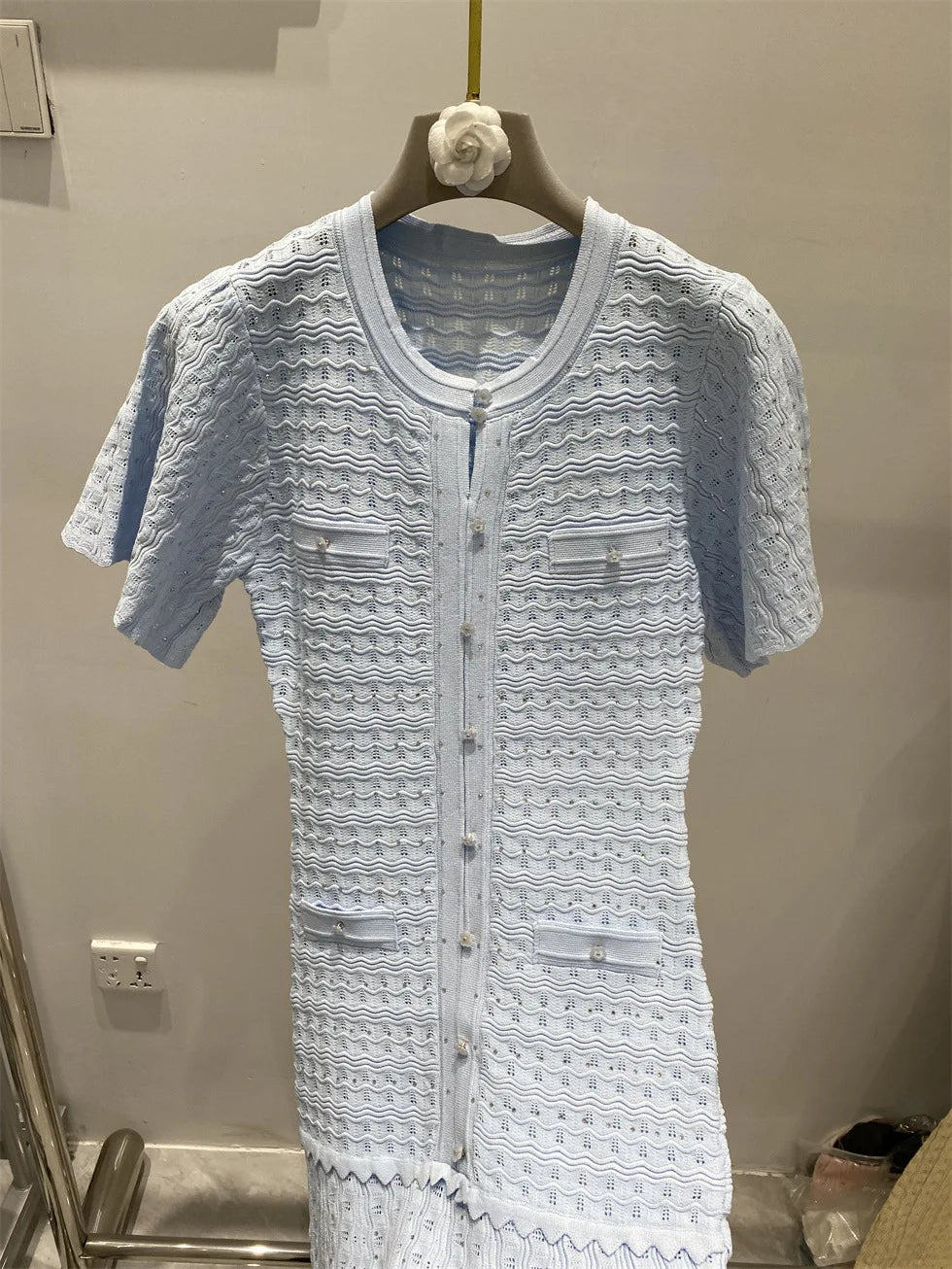 New summer single-breasted round neck knit crochet short-sleeved dress, high-quality and fashionable over-the-knee long skirt