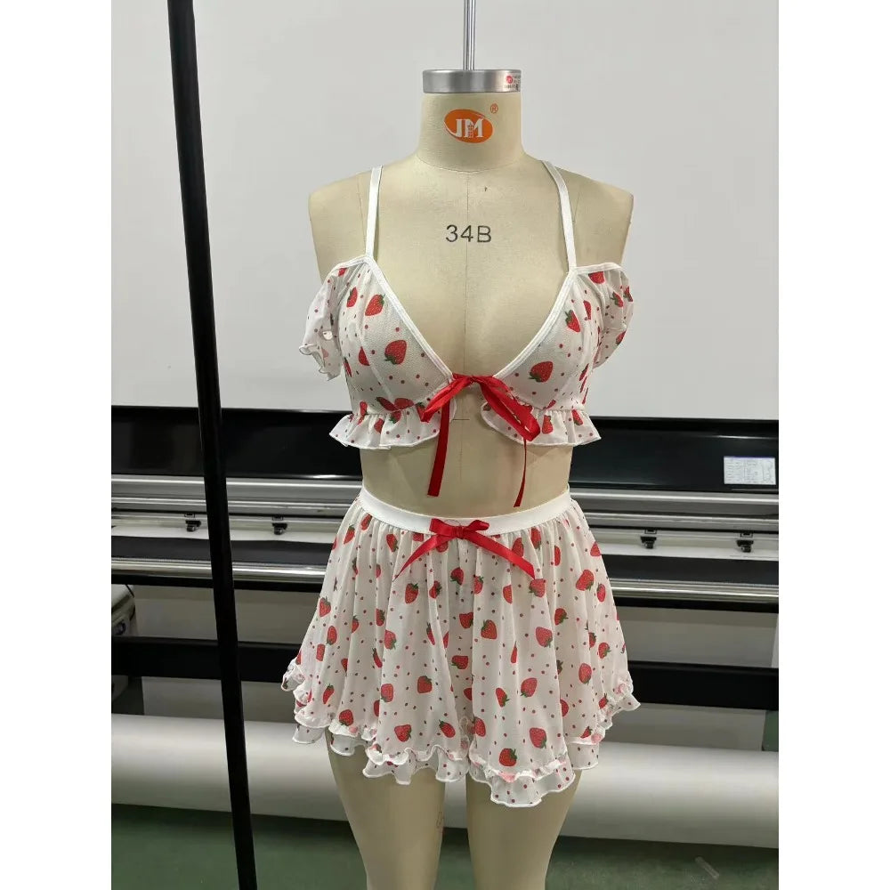 Short Skirt Set Casual and Comfortable Night Dress Women Hot-selling Strawberry Printing Splicing Lace Lace Cute Pajamas