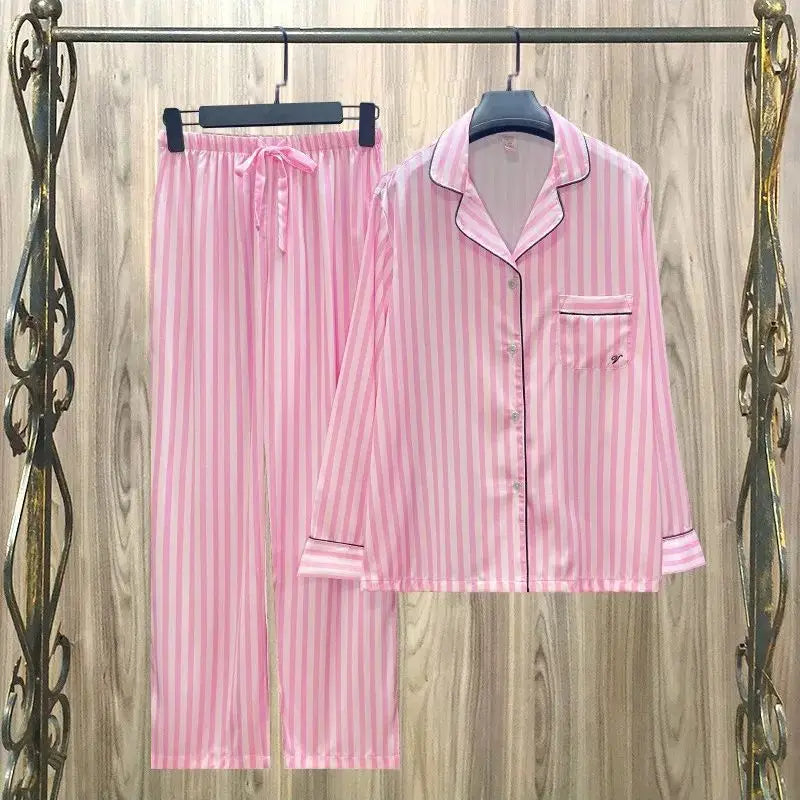 Women Striped Satin Pajama Set Autumn Cardigan Long Sleeve Pants Loose Casual Wear Fashion Classic Pink sleepcoat Two Piece Set