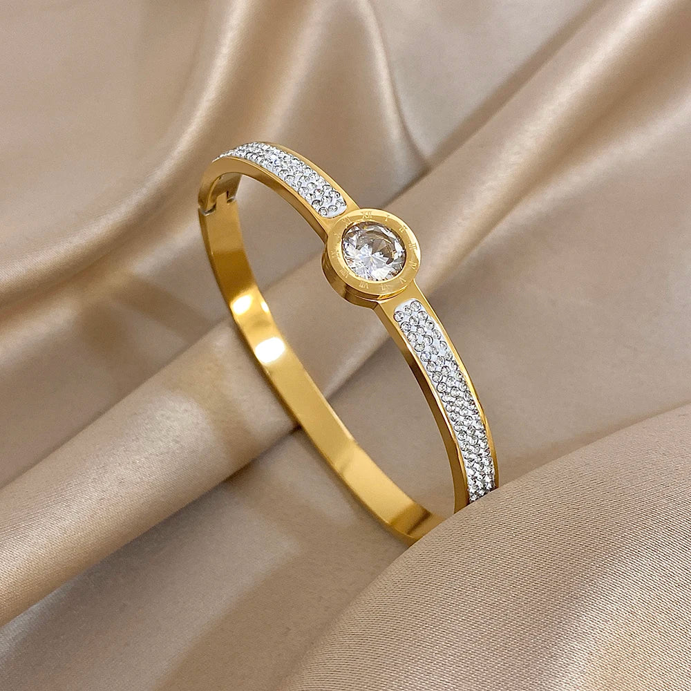 New Stainless Steel Waterproof Cuff Bracelet Bangle For Women Exquisite Shiny Inlaid Zircon Geometric Stacked Jewelry Gifts