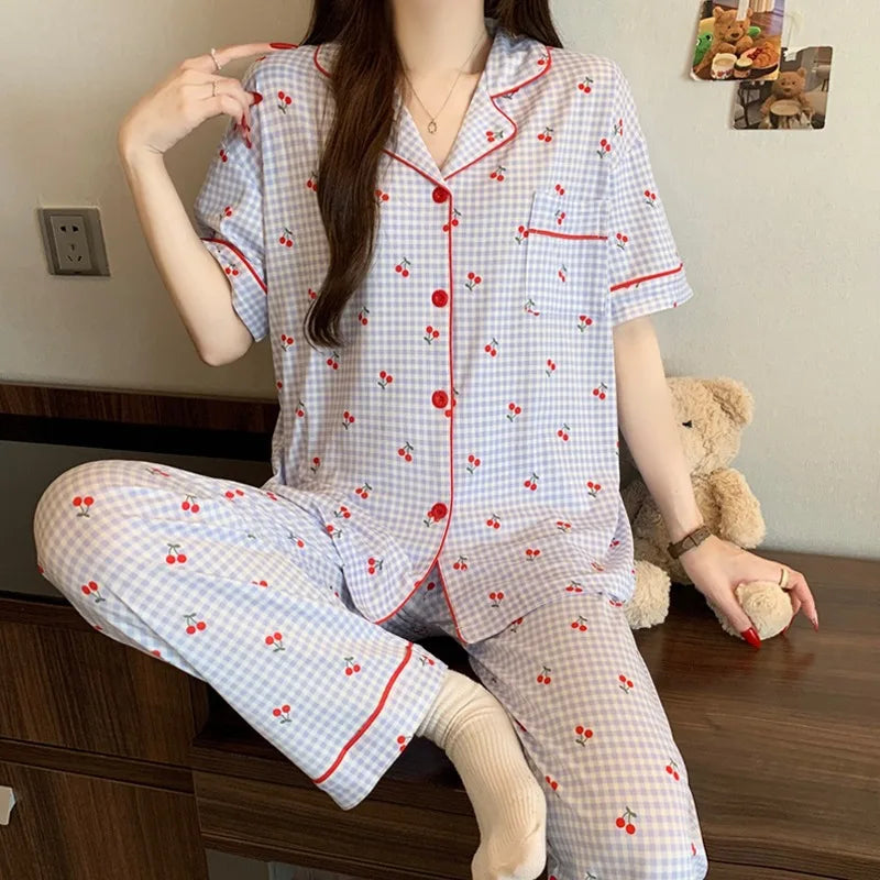 Sweet Cute Cherry Print Pajamas Women 2 Piece Set Soft Loungewear Summer Casual Short Sleeve Pajamas Set Korean Fashion Homewear