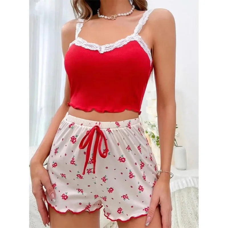 Women's Lace Trim Cami Pajama Set Floral Print Shorts Sleepwear Soft Knit V-Neck Loungewear Set Nightwear and Casual Home Wear