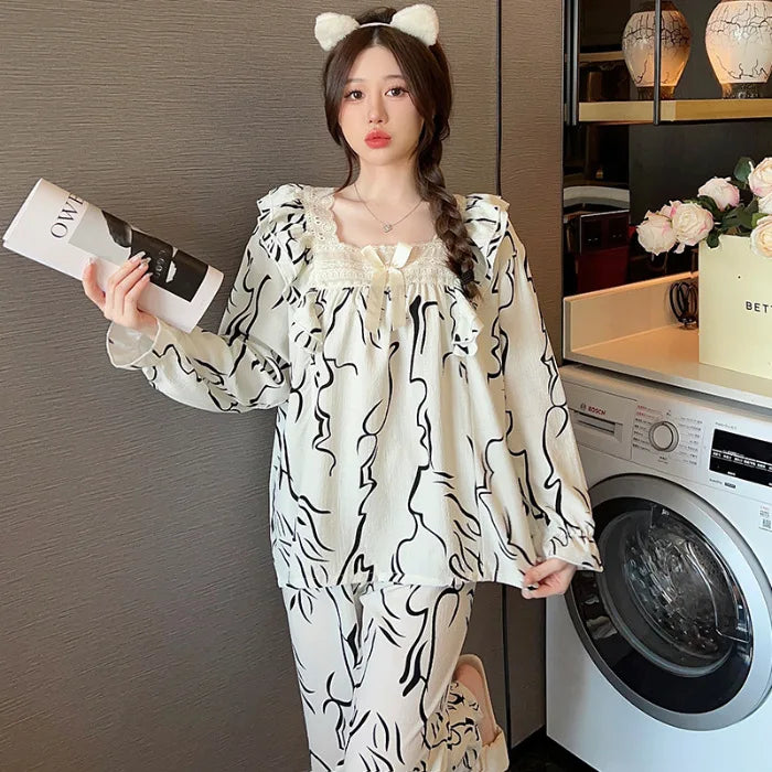 100kg Plus Size Cherry Print Pajama Women Korean Sweet Spring Long Sleeve Top Long Pants Plaid Homewear Princess Loose Outfits
