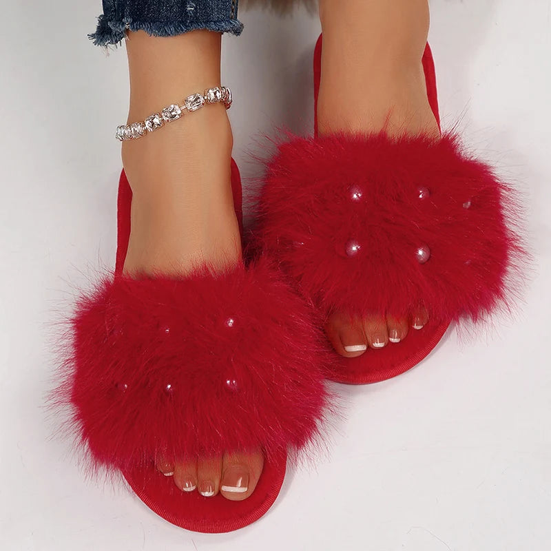 Elegant Pearls Cotton Slippers Women 2025 Winter Indoor Plush Home Slides Woman Open Toe Soft Sole Cotton Slippers Ladies