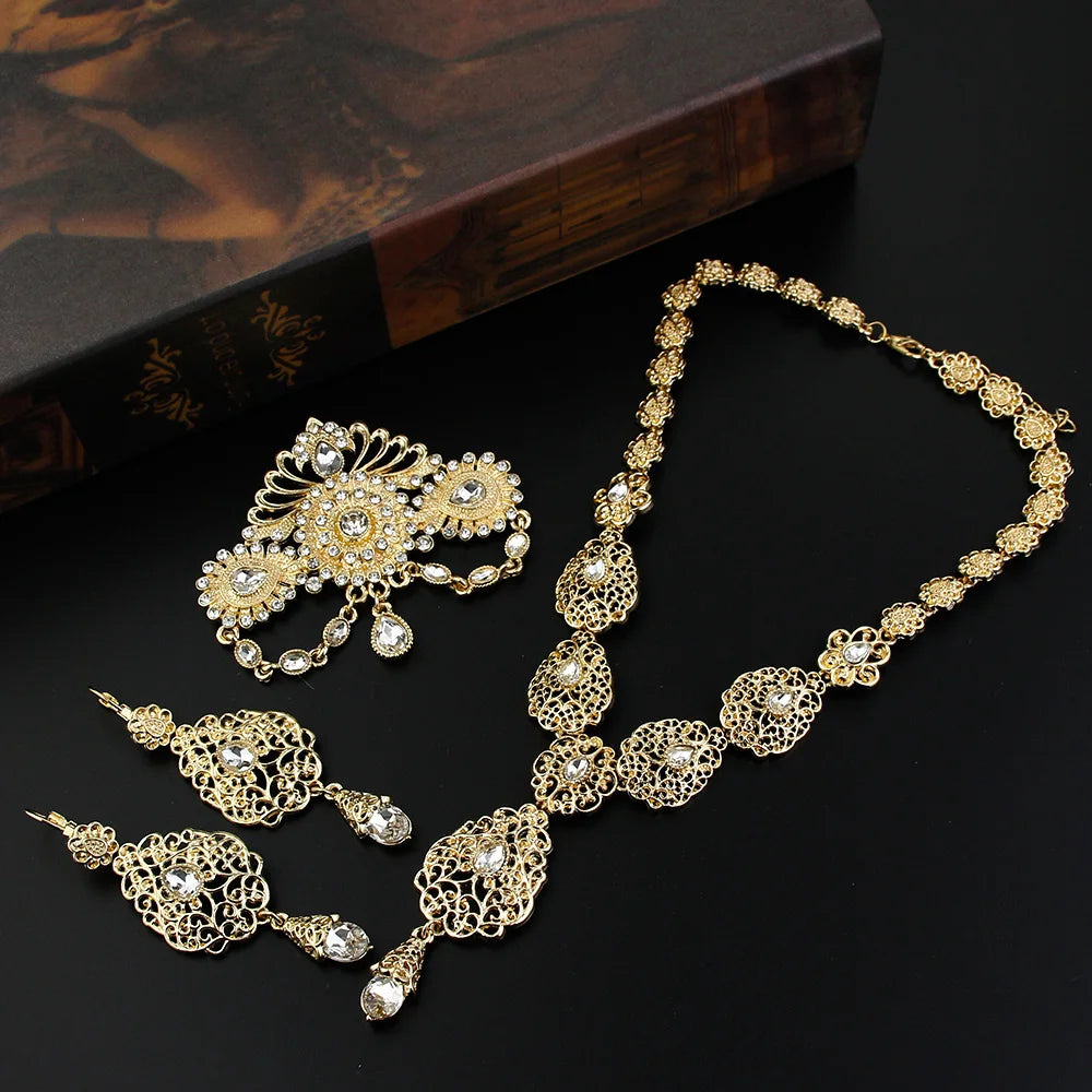 Sunspicems Chic Morocco Bride Jewelry Sets Gold Color Arabia Drop Earring Choker Necklace Caftan Brooch Sets 3Pcs Hollow Flower