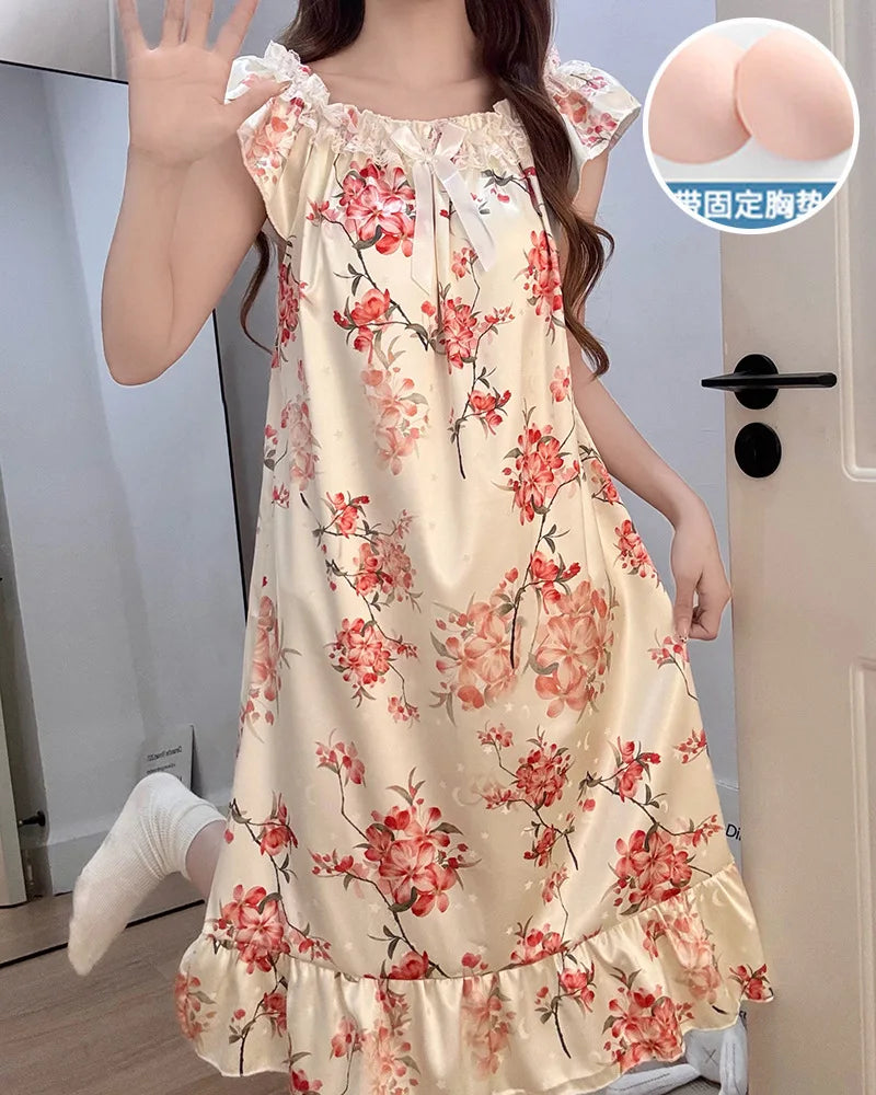 Ice Silk Satin Pajamas Women's Korean Summer Nightgown with Chest Pads Sweet Lace Ruffle Sleeved Long Dress Floral Loungewear