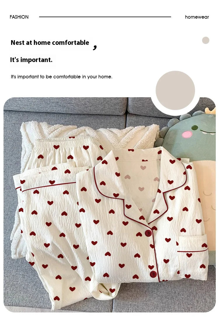 Spring and Autumn New Women's Pajamas Loungewear Set Girl Love Cardigan Pajamas Crinkled Fabric Loungewear Long Sleeve Set