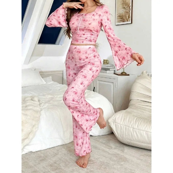 Women Pajama Sets Casual Pajamas Flower Print Long Sleeve High Waist Pants Loungewear Two-piece Set Can Be Worn Outside Pijamas