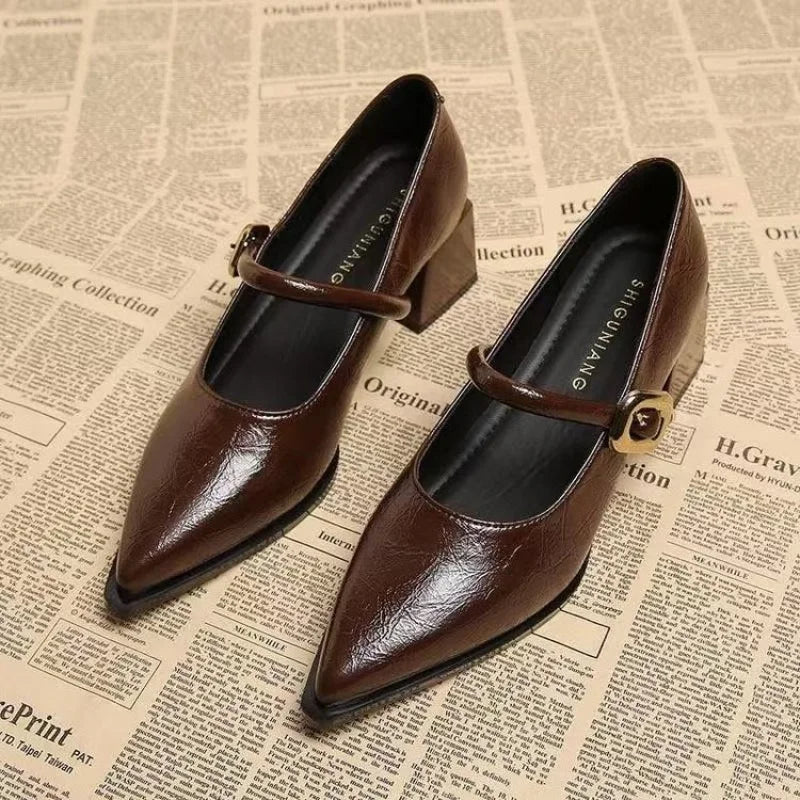 2025 Premium Leather Mary Janes - French Vintage Pointed Toe Pumps Chunky Heel Single Strap Shoes Buckle Decor