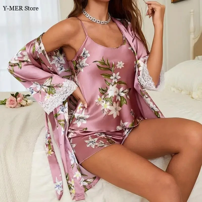 Sexy Lace Trim Robe Nightgown Home Wear Pink Flower Print Pajamas Set Women Satin Strap Top Shorts Robe Lady Satin Lingerie Set