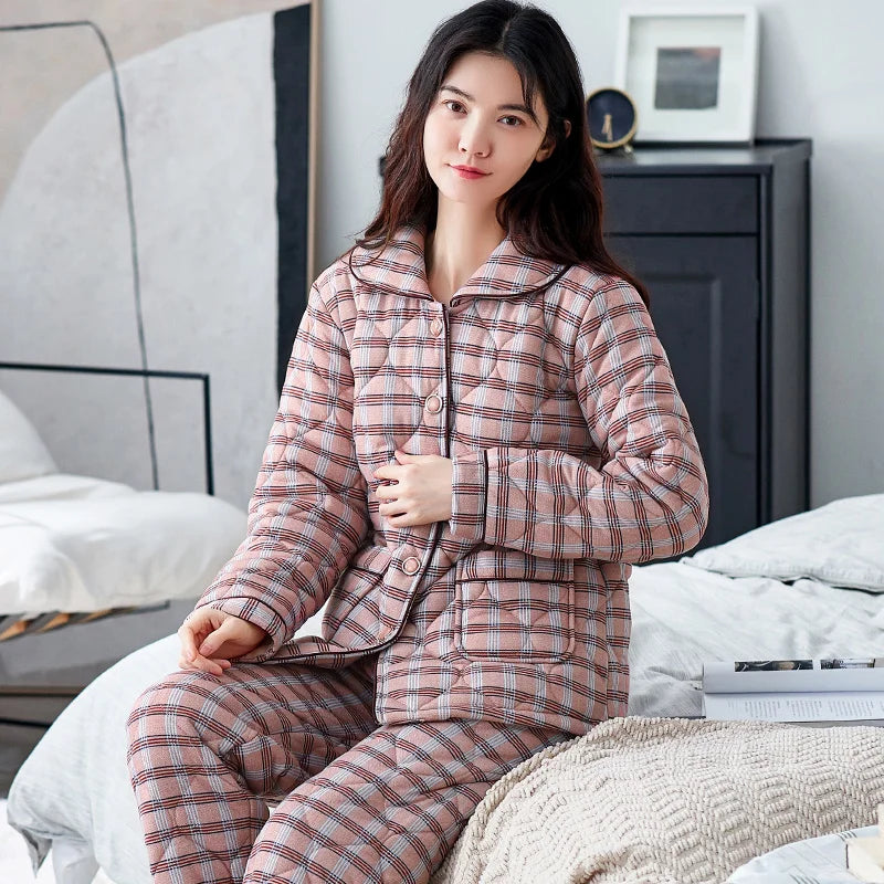 Winter three layer thick keep warm quilted jacket women's pajamas floral pijamas inverno M-XXXL sleepwear