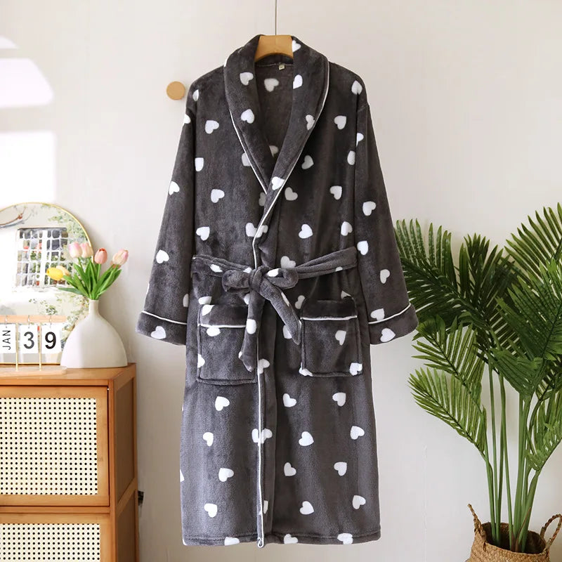 Autumn Winter Female Robe Thicken Flannel Bathrobe Kimono Sleepwear with Pocket Cute Print Sweet Heart Home Dress Lounge Wear