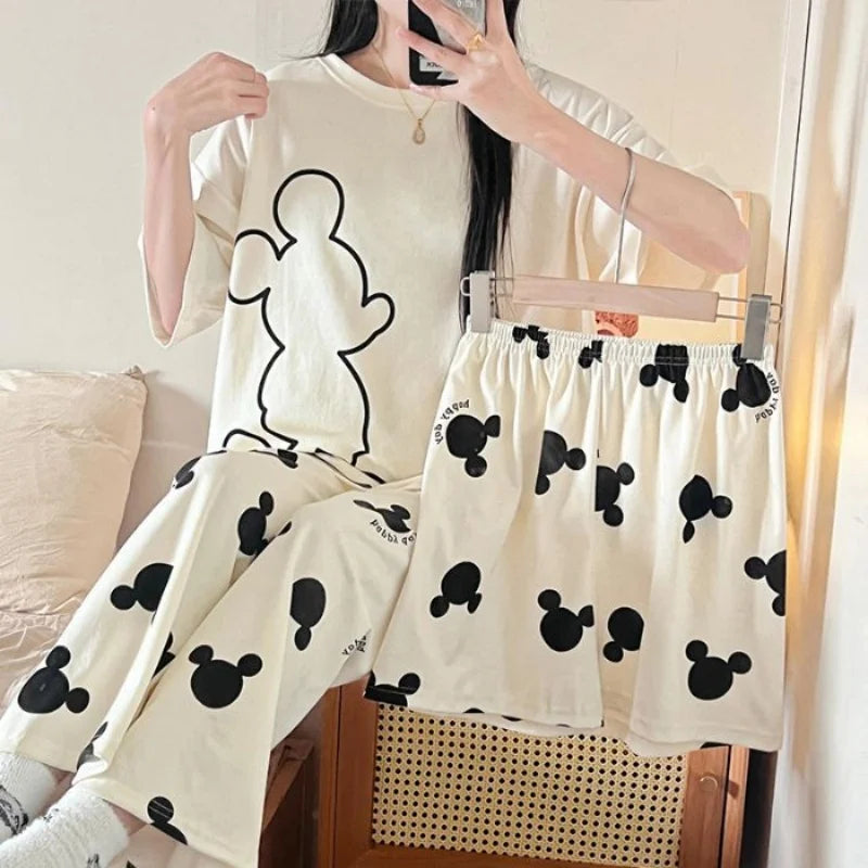 Summer Women's Round Neck Pajama Set Three Piece Short Sleeve+Shorts+Pants Cartoon Home Clothes Set