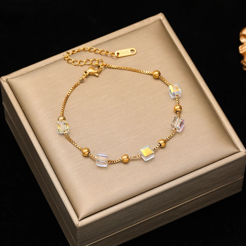 GANEMLY 316L Stainless Steel Round Sparkling Zirconia Bracelet For Women Fashion Fine Wrist Chain Waterproof Jewelry Lady Gift