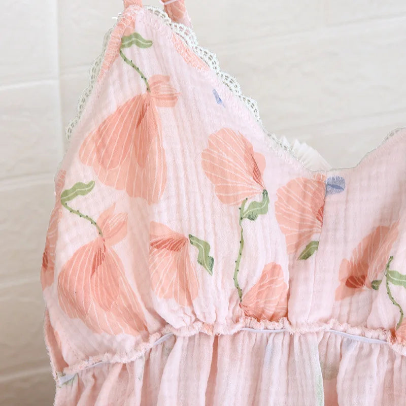 2026 New Summer Women's Pajama Set 100% Cotton Suspenders+Shorts with Chest Pads Two Piece Set of Ladies Flower Home Furnishings