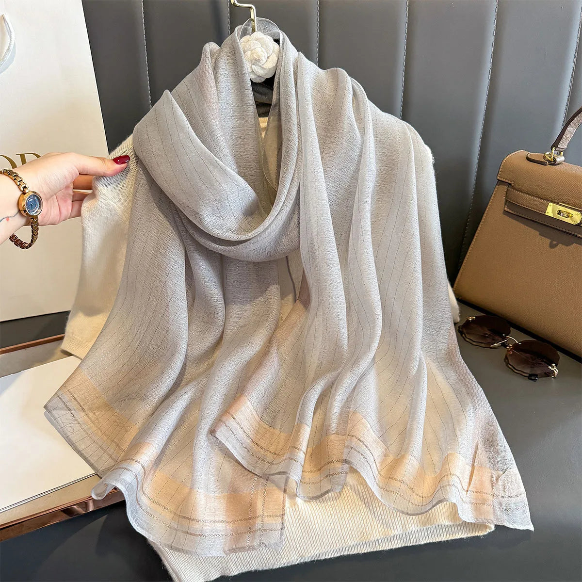 Luxury Long Scarf For Women Elegant Hijab For Travel Beach Soft Stain Neckerchief Shawl Solid Color Imitation Silk Scarves