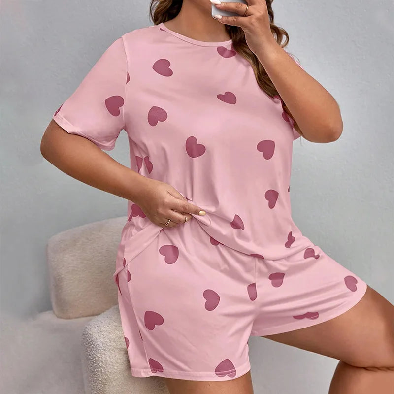 5XL Plus Size Women Pajama Set Print Sleepwear Short Sleeve Top with Shorts Summer Comfy Sleepwear 2 Pieces Loose Home Clothes