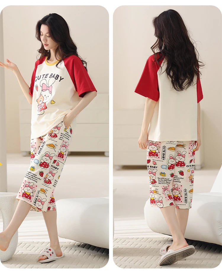MiiOW 2Pcs Summer Women's Pajamas Set Cotton Short Sleeve Woman Homewear Cute Pink Patchwork Print Girls Pajamas Woman Sleepwear